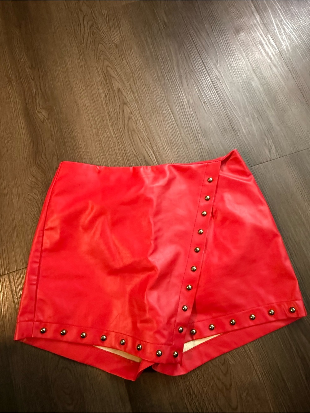 Red Faux Leather Mini Skort with Gold Stud Trim